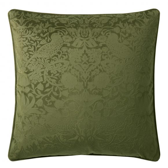 William Morris At Home Strawberry Thief Embossed Cushion Olive