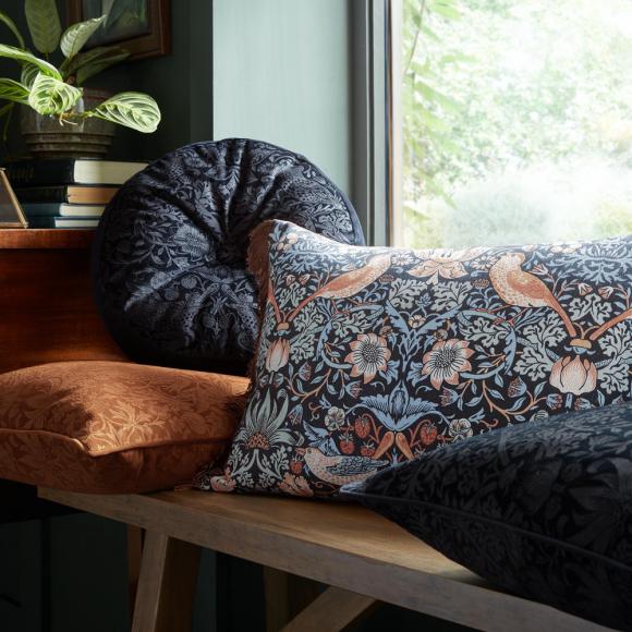 William Morris At Home Strawberry Thief Embossed Cushion Prussian Blue