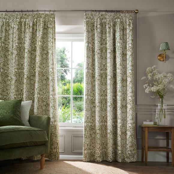 William Morris At Home Sunflower Dark Olive Pencil Pleated Curtains