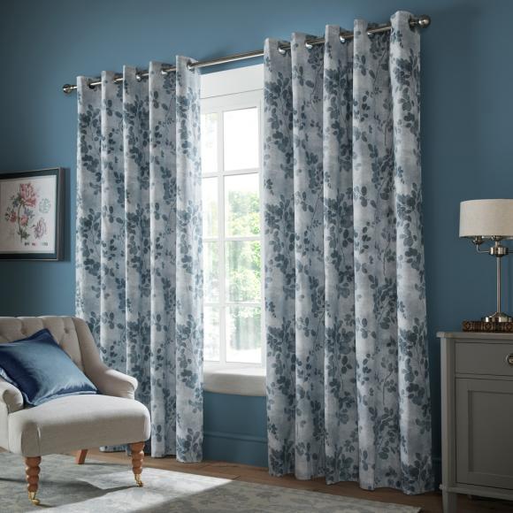 Laura Ashley Millhayes Blackout Lined Curtains Smoke Blue